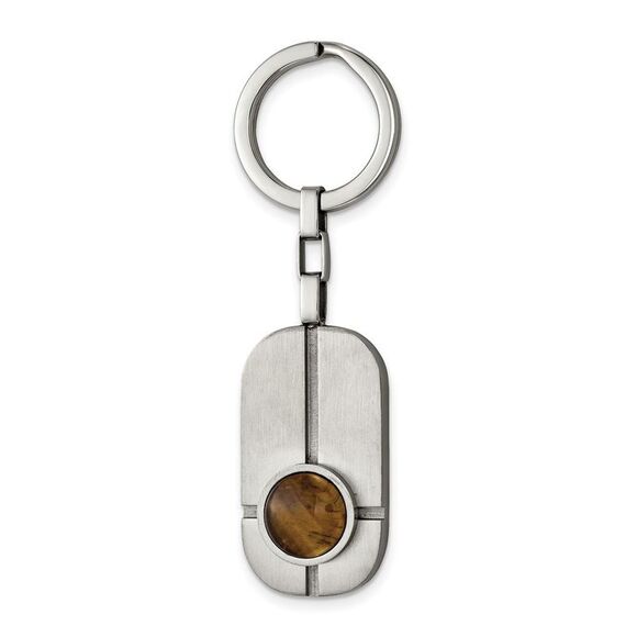 Stainless Steel & Brown Tiger's Eye Brushed & Grooved Key Chain - Picture 1 of 3